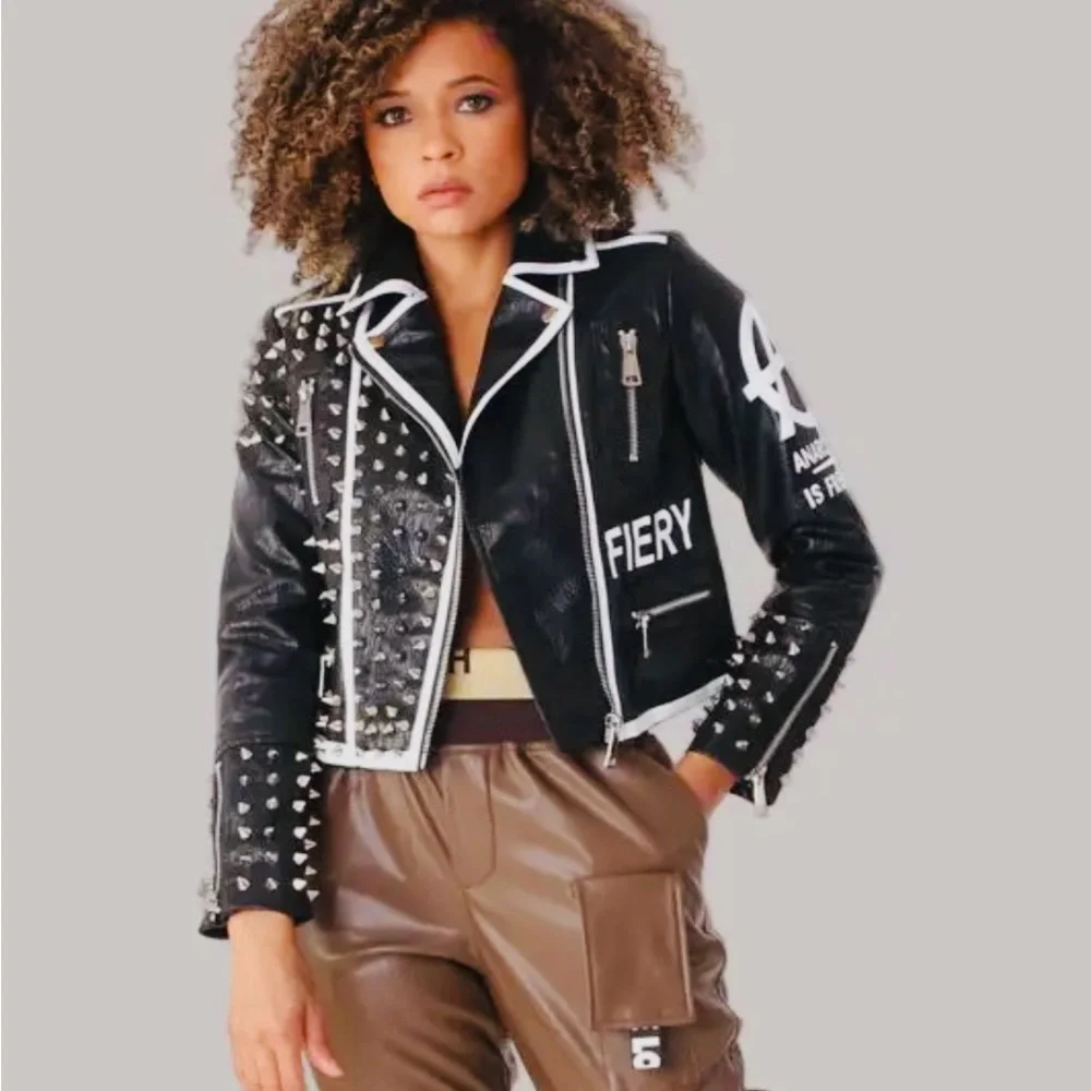 Studded Black vegan Leather Jacket with Pink and White Graphic - Picture 3 of 4